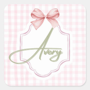 Personalized Avery Baby Girl Nursery Bow&Gingham  Square Sticker