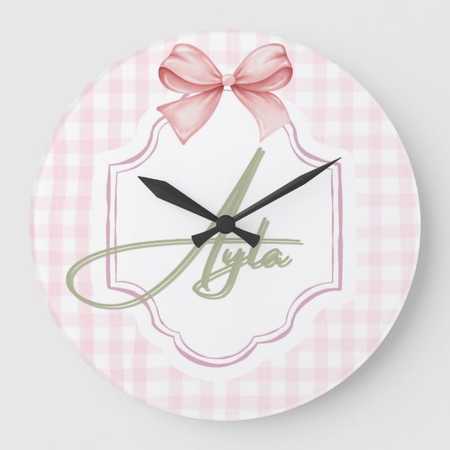Personalized Ayla Baby Girl Nursery Bow&Gingham  Large Clock (Front)