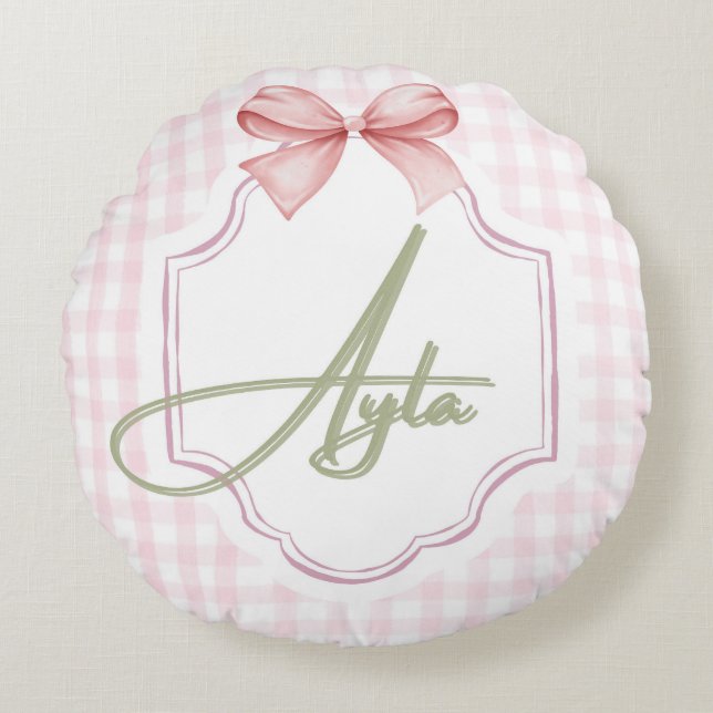 Personalized Ayla Baby Girl Nursery Bow&Gingham  Round Cushion (Front)