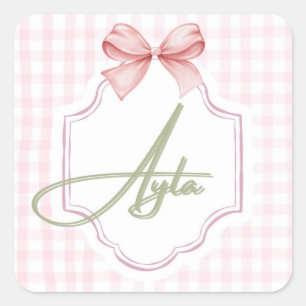 Personalized Ayla Baby Girl Nursery Bow&Gingham  Square Sticker