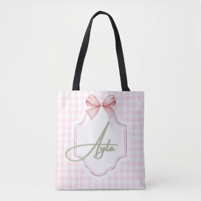Personalized Ayla Baby Girl Nursery Bow&Gingham  Tote Bag (Front)