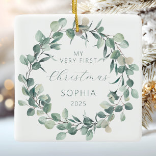 Personalized Baby 1st Christmas Eucalyptus Wreath Ceramic Ornament