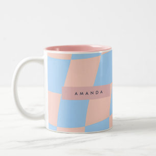 Personalized Baby Blue and Peach Wavy Checkered Two-Tone Coffee Mug