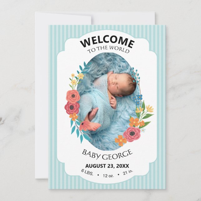 personalized baby blue floral Birth announcements (Front)