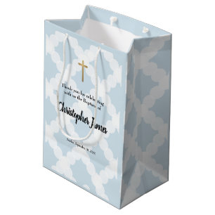 Personalized Baby Boy baptism Blue Gold Cross  Medium Gift Bag