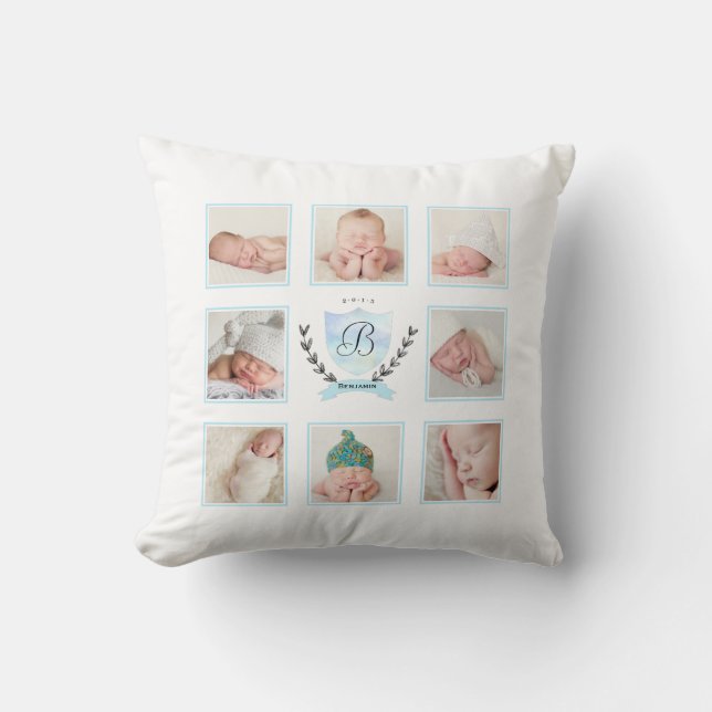 PERSONALIZED BABY BOY PHOTO COLLAGE WITH WREATH CUSHION (Front)