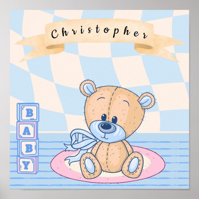Personalized Baby Boy Teddy Bear Nursery Poster (Front)