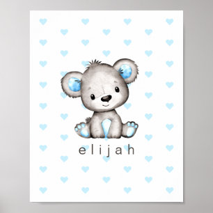 Personalized Baby Boy's Teddy Bear Blue Hearts Poster
