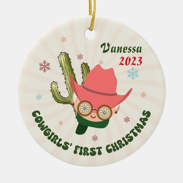 Personalized Baby Cowgirl First Christmas Ceramic Tree Decoration (Front)