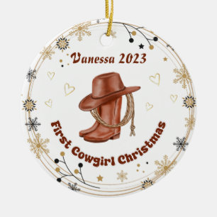 Personalized Baby Cowgirl's First Christmas Ceramic Tree Decoration
