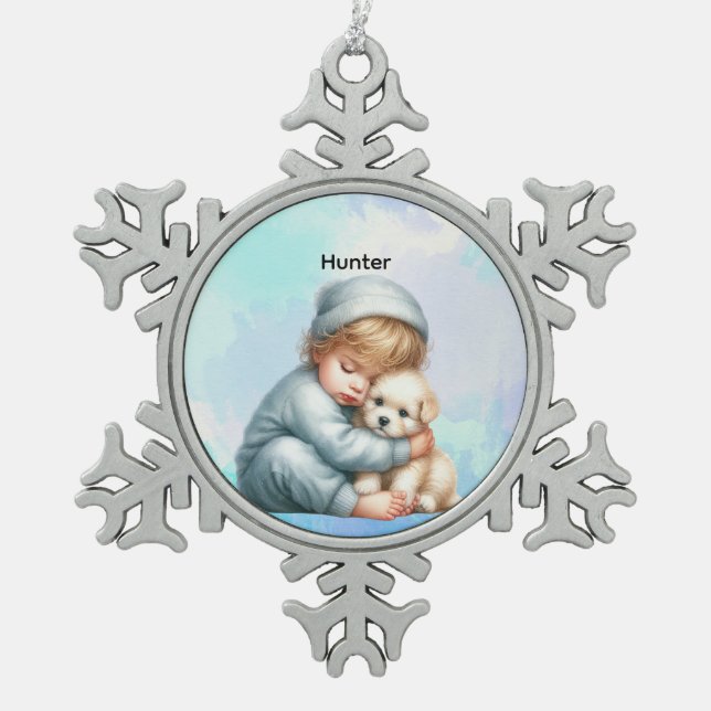 Personalized Baby Cuddling Puppy Snowflake  Snowflake Pewter Christmas Ornament (Front)