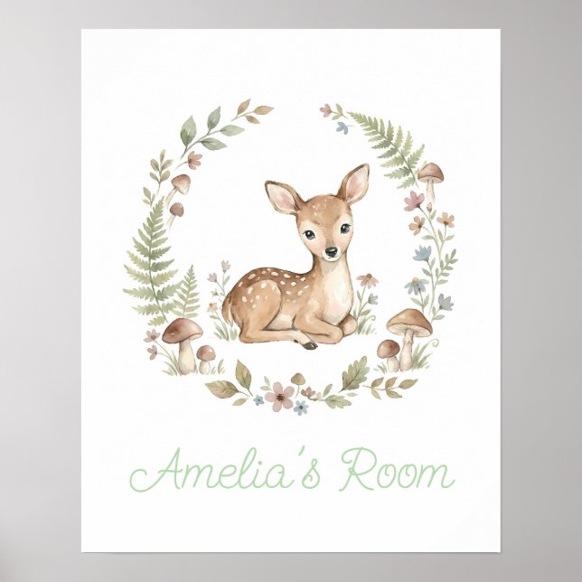 Personalized Baby Deer Watercolor Boho Nursery Poster (Front)