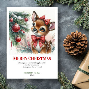 Personalized Baby Fawn Winter Scene Watercolor Holiday Card