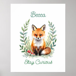 Personalized Baby Fox Watercolor Woodland Nursery Poster