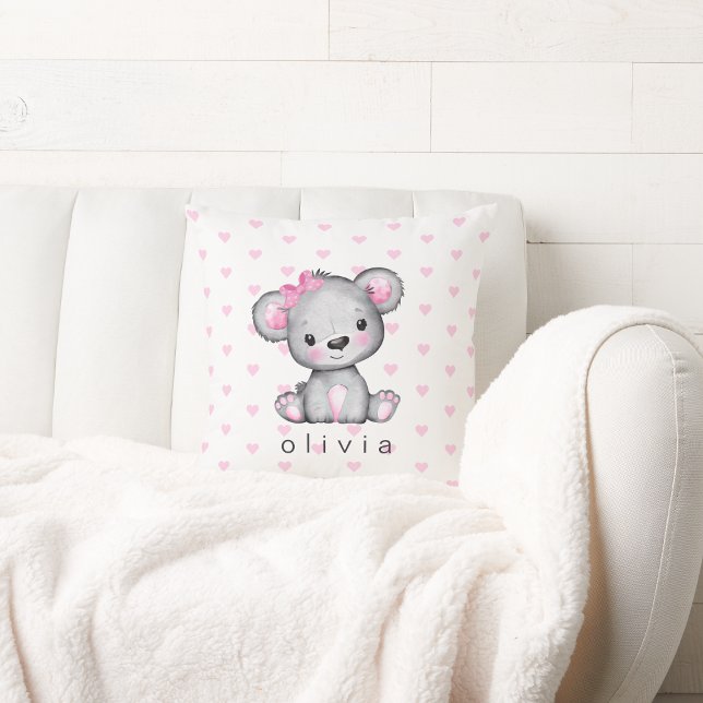 Personalized Baby Girl's Teddy Bear Pink Hearts Cushion (Creator Uploaded)
