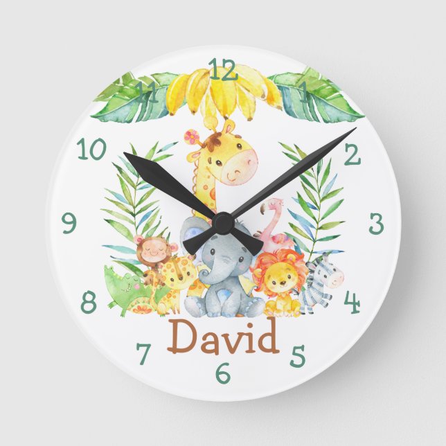 Personalized Baby Name Nursery Jungle Safari Cute Round Clock (Front)