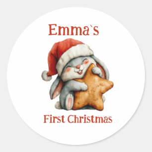 Personalized Baby’s First Christmas Bunny Classic Round Sticker