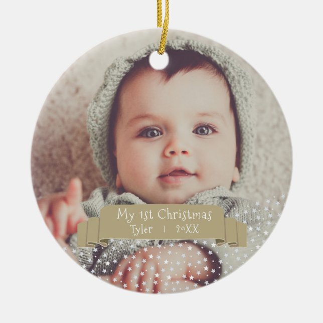 Personalized Baby`s First Christmas Photo Ceramic Tree Decoration (Front)