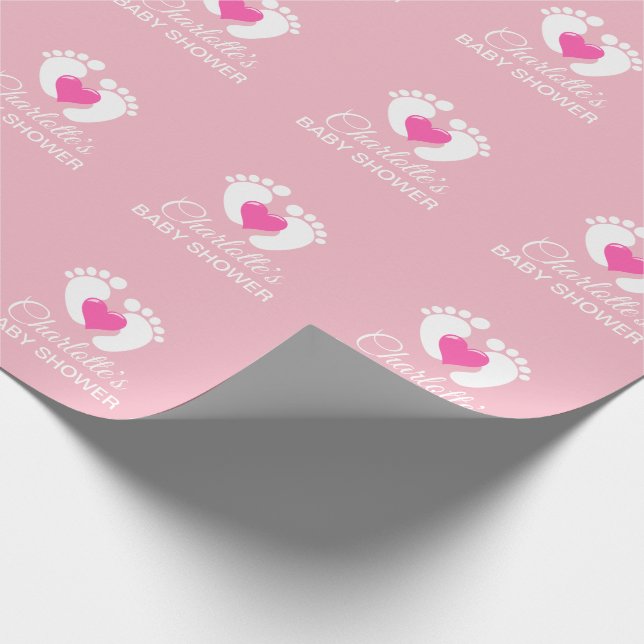 Personalized BABY SHOWER Pink Feet Heart GIRL Wrapping Paper (Corner)