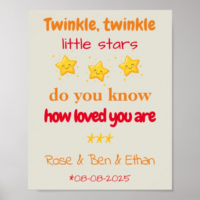 Personalized Baby Triplets Nursery Decor, Stars Poster (Front)