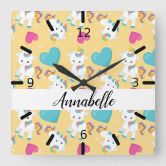 Personalized Baby Unicorns & Hearts Square Wall Clock