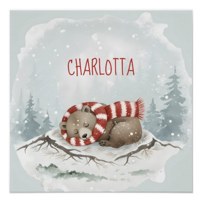 Personalized Baby Wall Art, Sleeping Bear Nursery  Poster (Front)