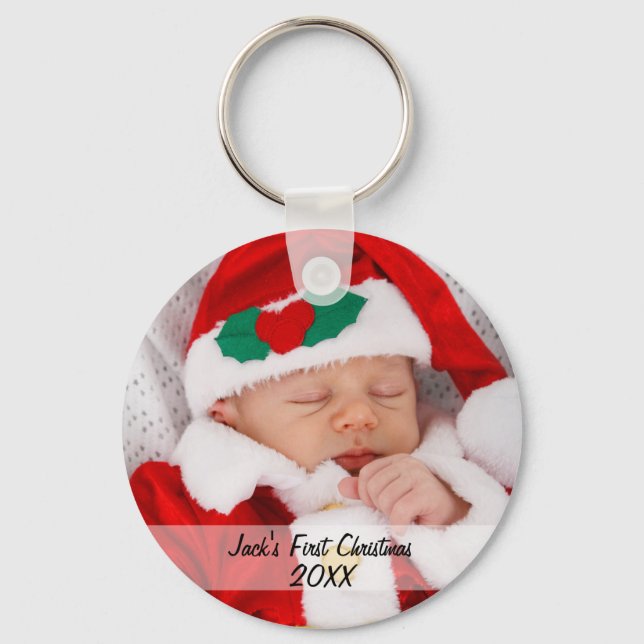 Personalized Babys First Christmas Photo Name Year Key Ring (Front)