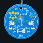 Personalized Baby's First  Hanukkah Ceramic Tree Decoration<br><div class="desc">Happy Hanukkah! Celebrate Hanukkah  this year with beautiful holiday design. Navy blue background with white Menorah and another Hanukkah items.</div>