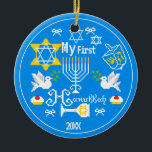 Personalized Baby's First  Hanukkah Ceramic Tree Decoration<br><div class="desc">Happy Hanukkah! Celebrate Hanukkah  this year with beautiful holiday design. Navy blue background with white Menorah and another Hanukkah items.</div>