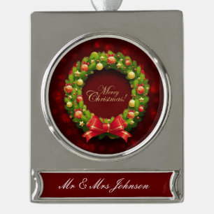 Personalized Banner Ornament Silver Plated/Wreath