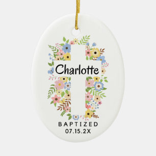 Personalized Baptism Girl Floral Cross Two Sides  Ceramic Tree Decoration