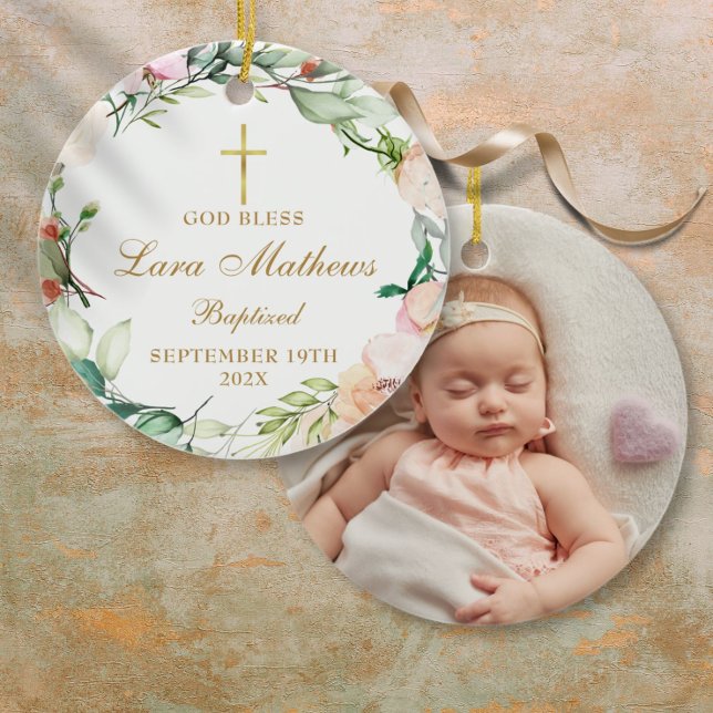 Personalized Baptism Photo Roses Floral Ceramic Tree Decoration