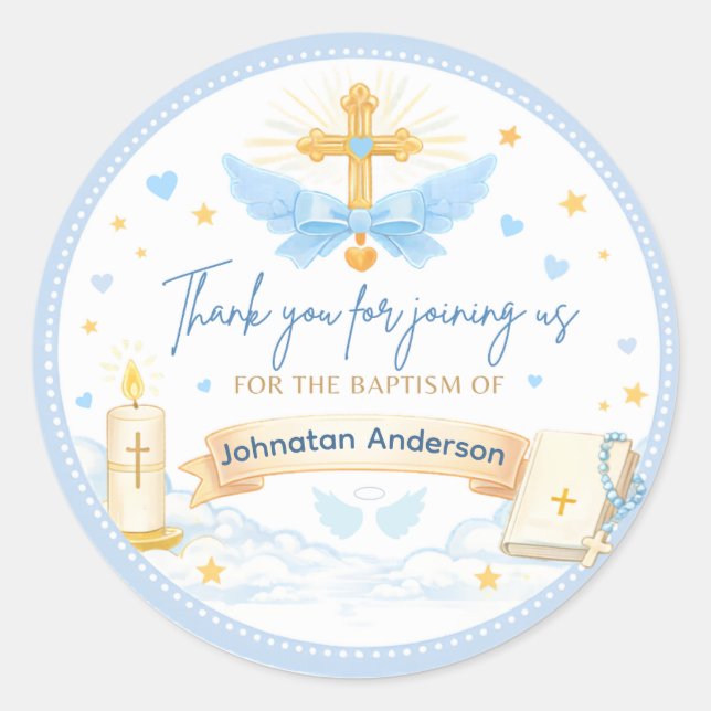 Personalized Baptism Thank You Sticker for Boy (Front)
