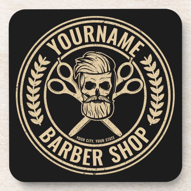 Personalized Barber Shop Skull Rockabilly Salon Coaster (Front)