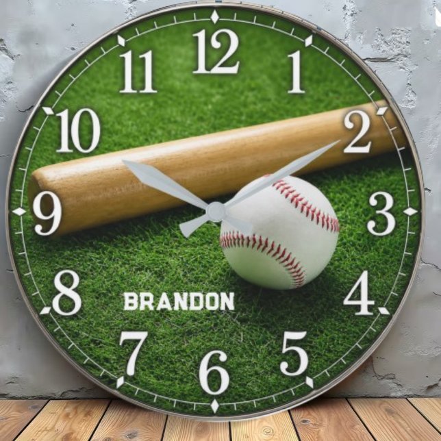 Personalized Baseball Bat and Ball on Green Field Large Clock (Creator Uploaded)