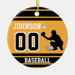 Personalized Baseball Catcher   Gold and Black Ceramic Tree Decoration