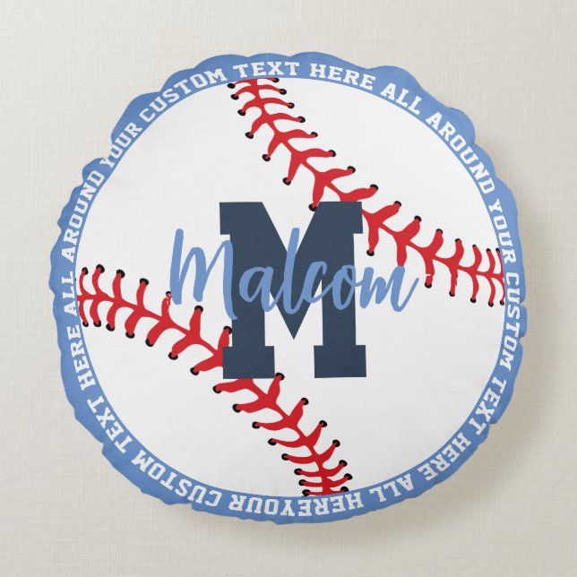 Personalized Baseball Sports Kids Blue Round Cushion (Front)