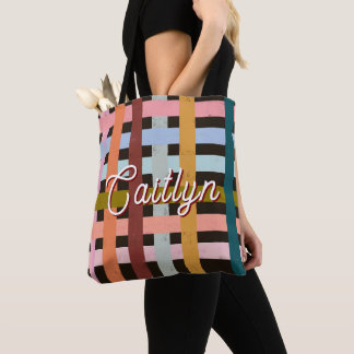 Personalized Basket Weave Roller Stripes Tote Bag