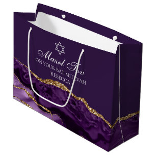 Personalized Bat Mitzvah Mazel Tov Purple Gold Large Gift Bag