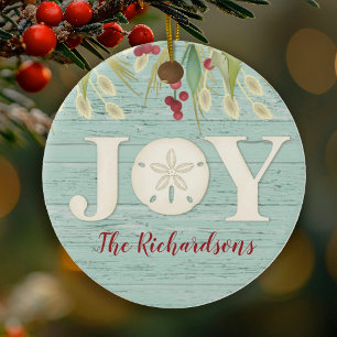 Personalized Beach Sand Dollar Christmas Joy Ceramic Tree Decoration