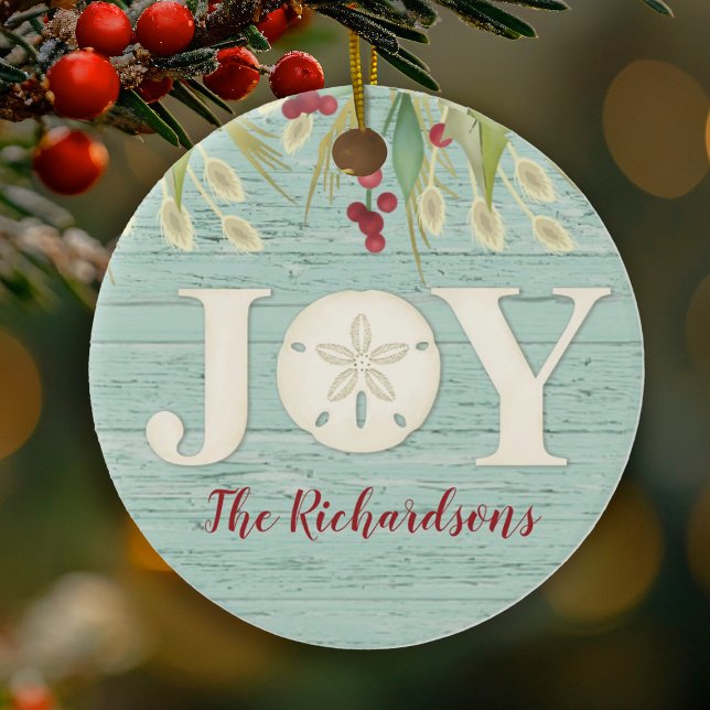 Personalized Beach Sand Dollar Christmas Joy Ceramic Tree Decoration (An elegant beach Sand dollar Christmas ornament with the word JOY and your name. Same on both sides)