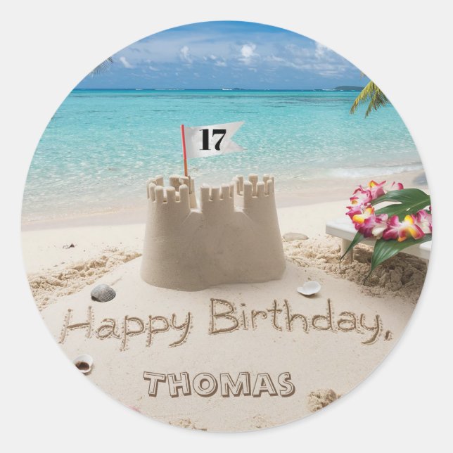Personalized Beachside Birthday Design Classic Round Sticker (Front)