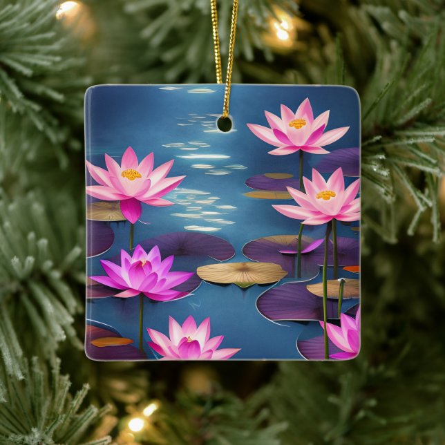 Personalized Beautiful Lotus Flowers Christmas Ceramic Ornament (Tree)