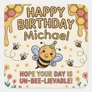 Personalized Bee Birthday Card - Honeycomb Theme Square Sticker