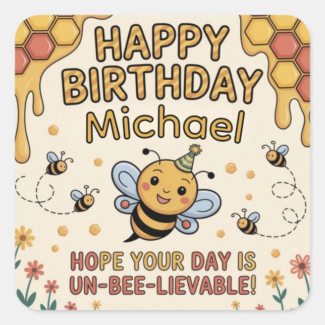 Personalized Bee Birthday Card - Honeycomb Theme Square Sticker (Front)