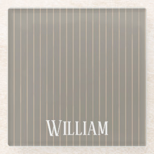 Personalized beige pinstripes glass coaster