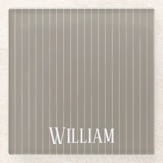 Personalized beige pinstripes glass coaster (Front)