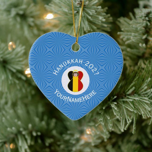 Personalized Belgian Angel Hanukkah Flag Ceramic Tree Decoration (Tree)