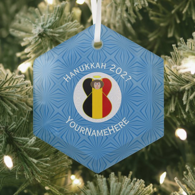 Personalized Belgian Angel Hanukkah Flag Glass Tree Decoration (Insitu)