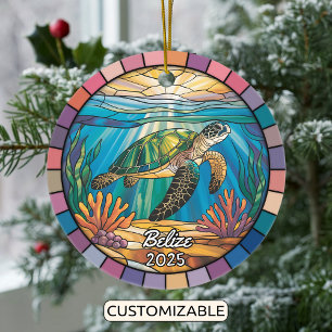 Personalized Belize Ornament, Sea Turtle Ceramic Tree Decoration